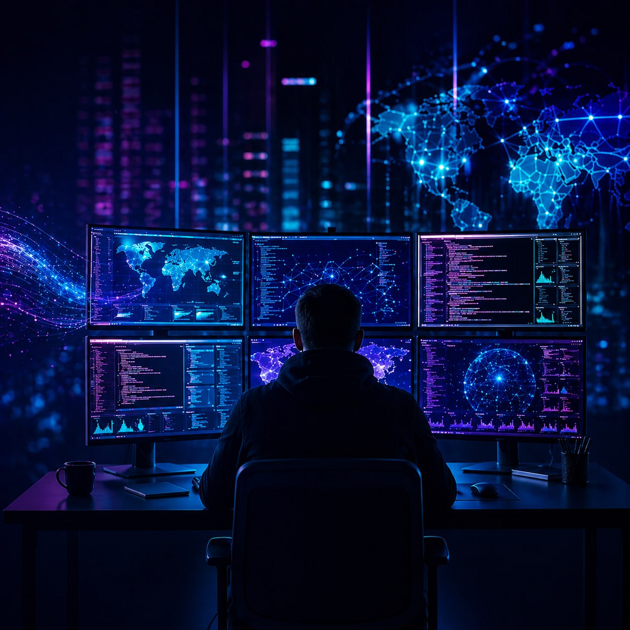 Cybersecurity command center monitoring global network threats