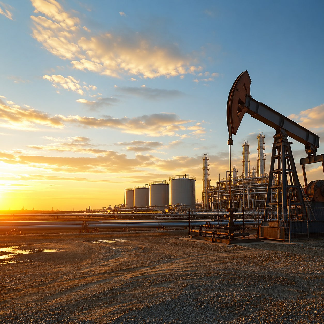 Oil and gas facility at sunset representing energy IT services