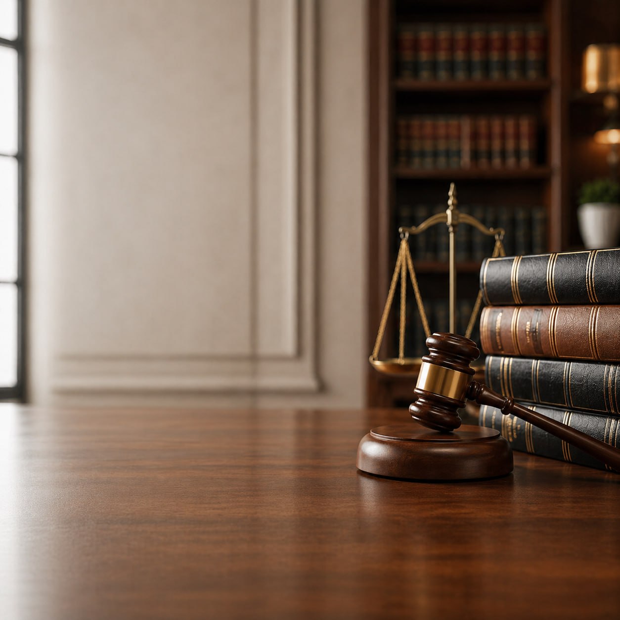 Law books, gavel, and justice scales representing legal IT services