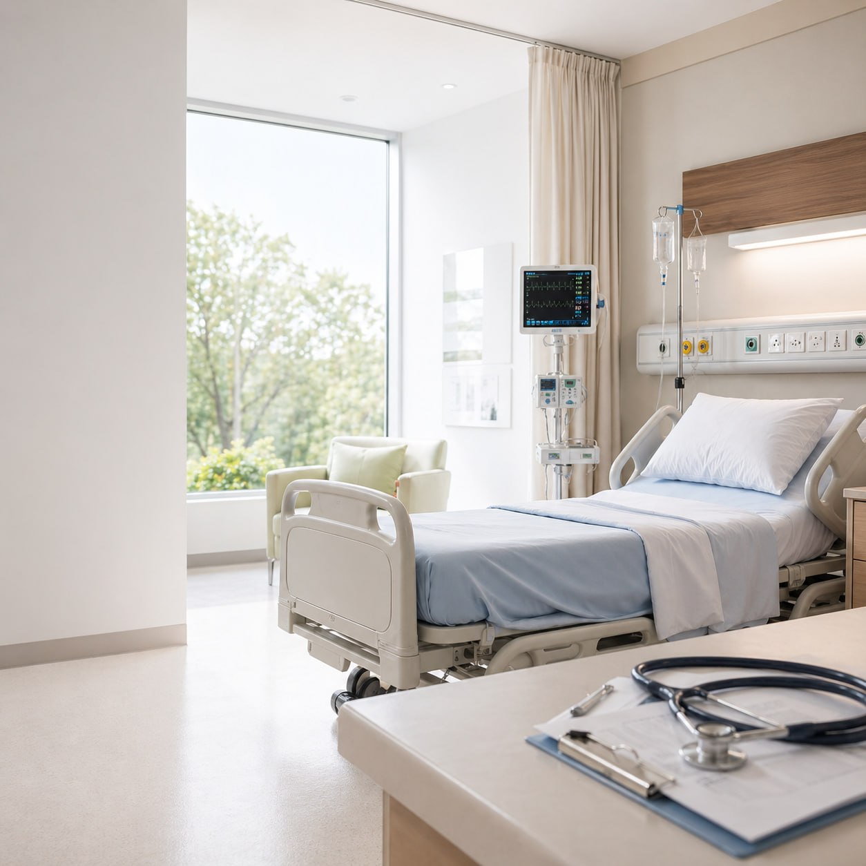 Modern hospital patient room representing medical IT services